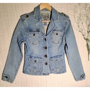 Y2k STAR Light Wash Denim Jacket Womens Button Front Military Style Jean Coat